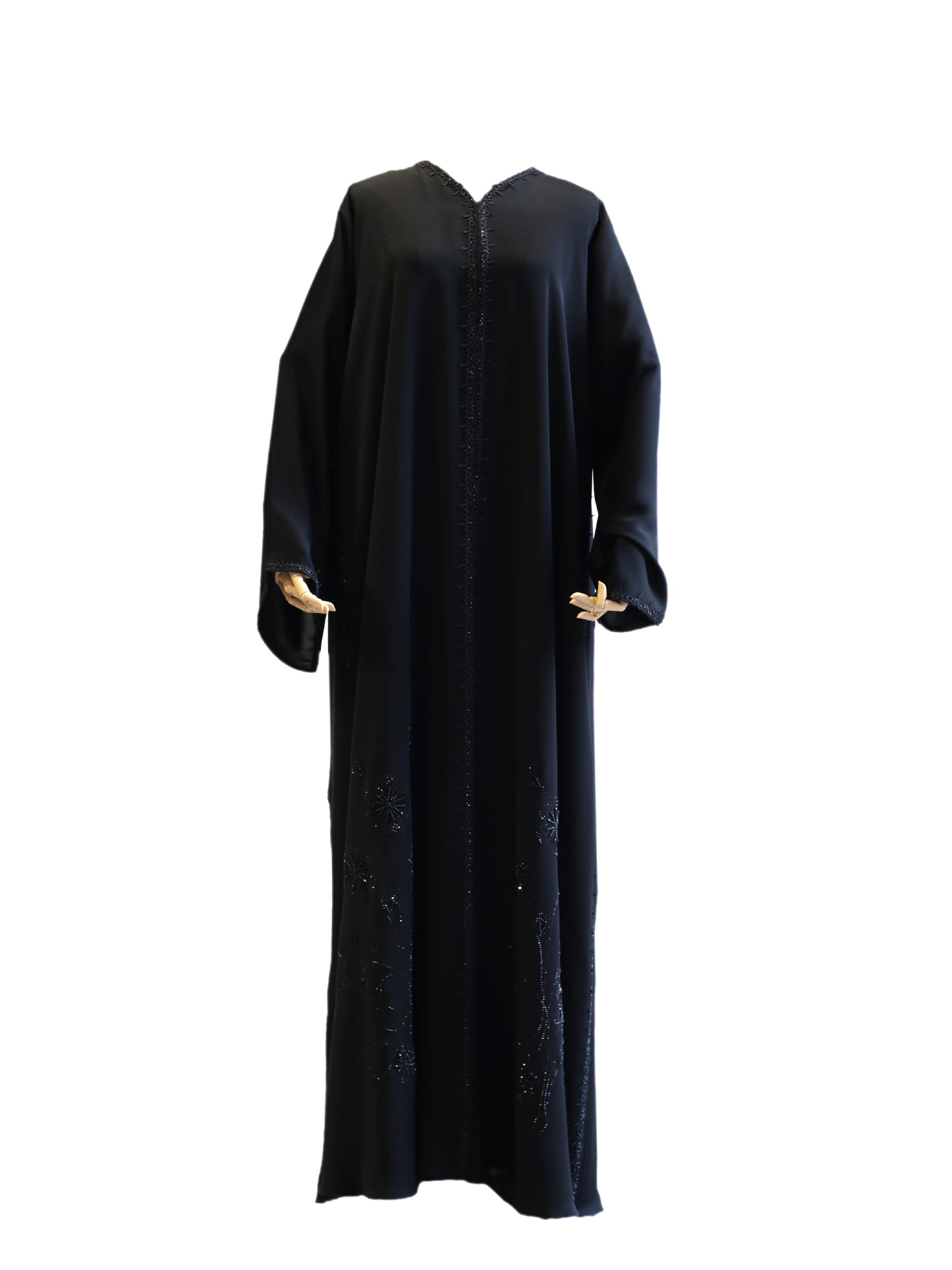 Experience Timeless Elegance with Our Stone Curved Lace Black Abaya: A Perfect Blend of Sophistication and Style