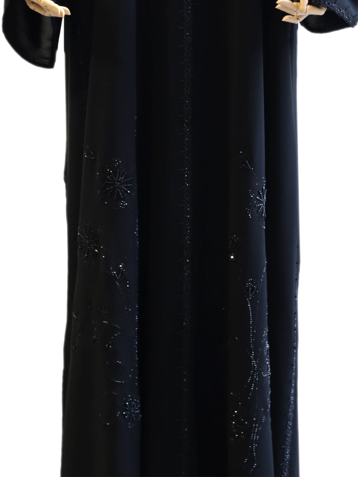 Experience Timeless Elegance with Our Stone Curved Lace Black Abaya: A Perfect Blend of Sophistication and Style