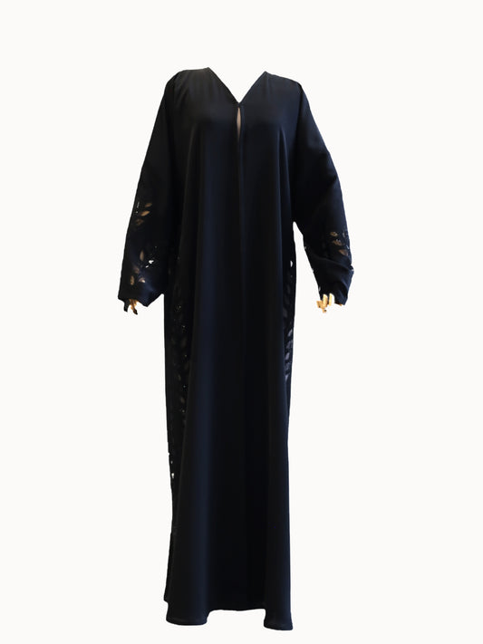 Radiant Elegance: Black Abaya with Laser Cut Floral Design and Stone Work