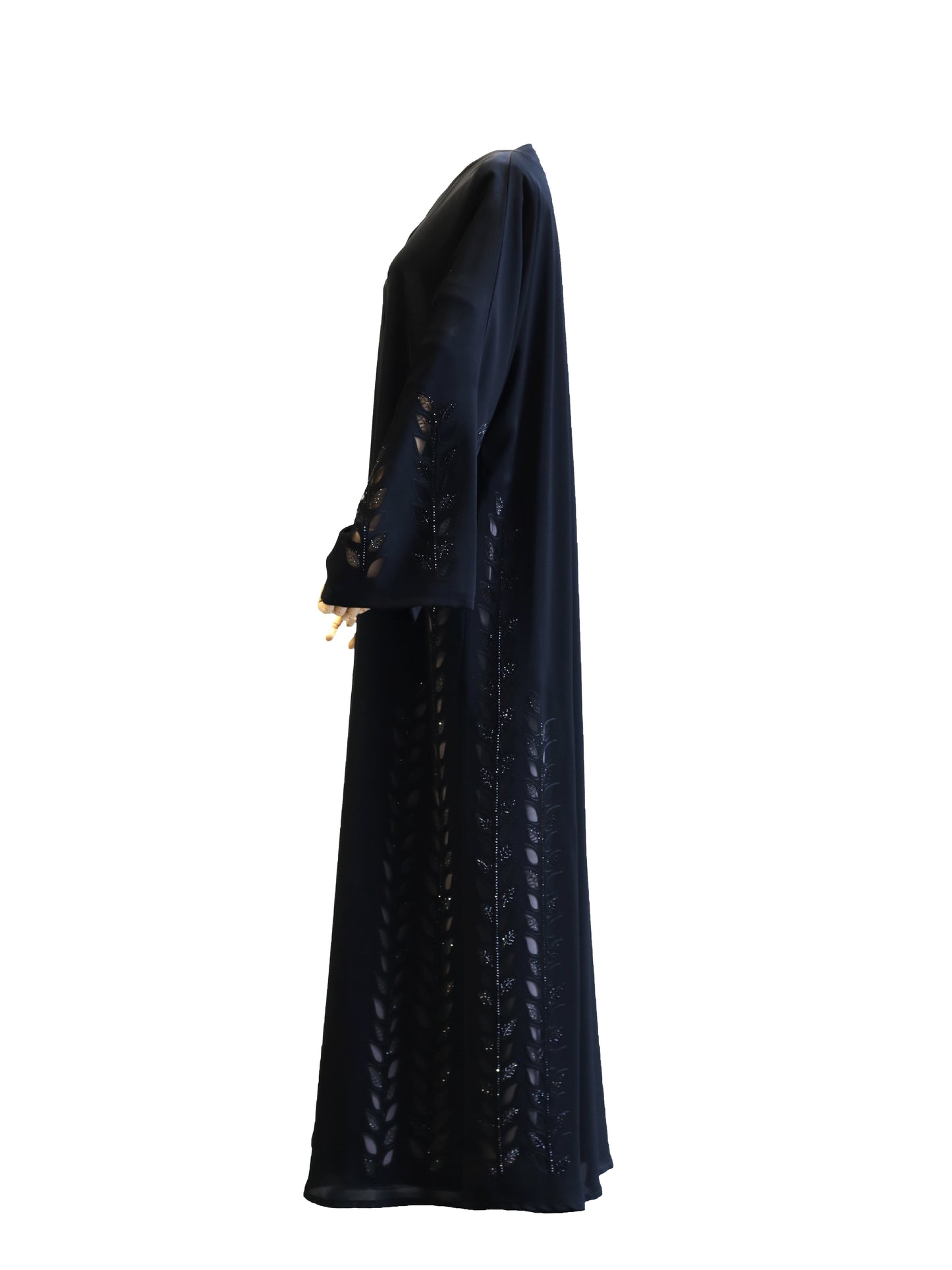 Radiant Elegance: Black Abaya with Laser Cut Floral Design and Stone Work