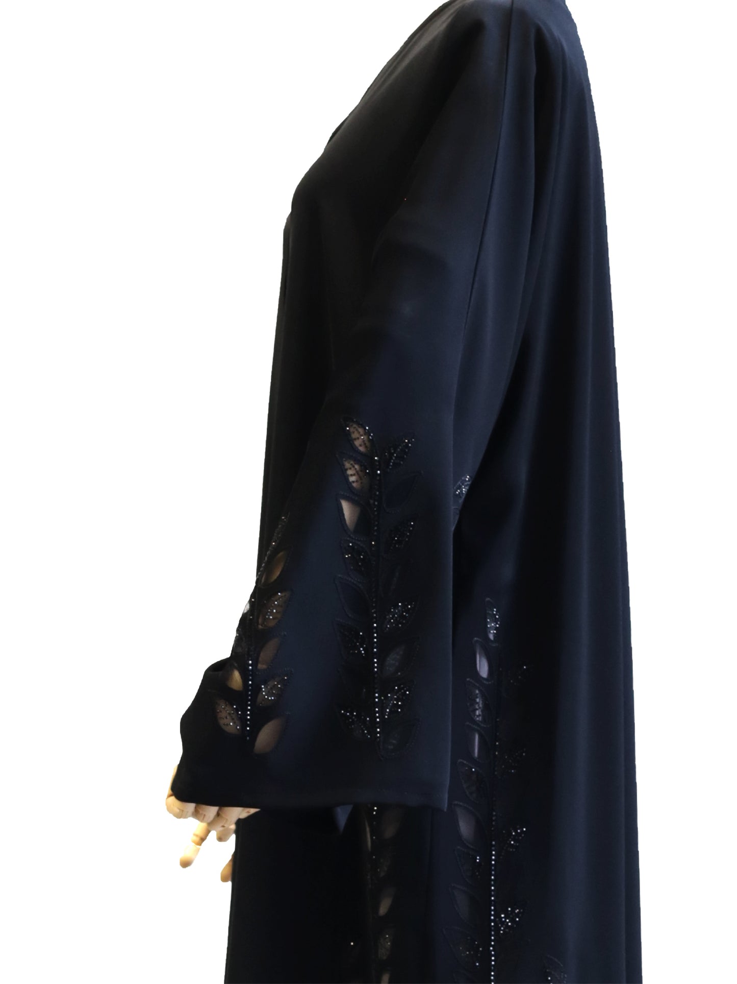 Radiant Elegance: Black Abaya with Laser Cut Floral Design and Stone Work