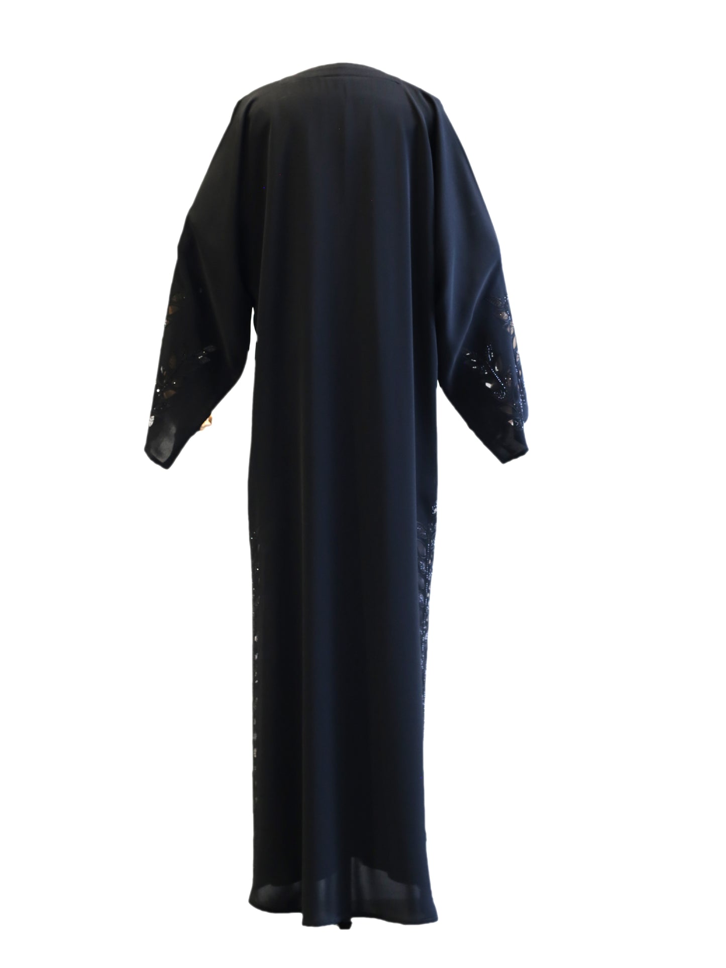 Radiant Elegance: Black Abaya with Laser Cut Floral Design and Stone Work