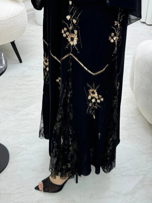 Discover the Elegance of Black Beaded Ramadan Abayas – Custom Fit Available! Double Chiffon with Stone Work