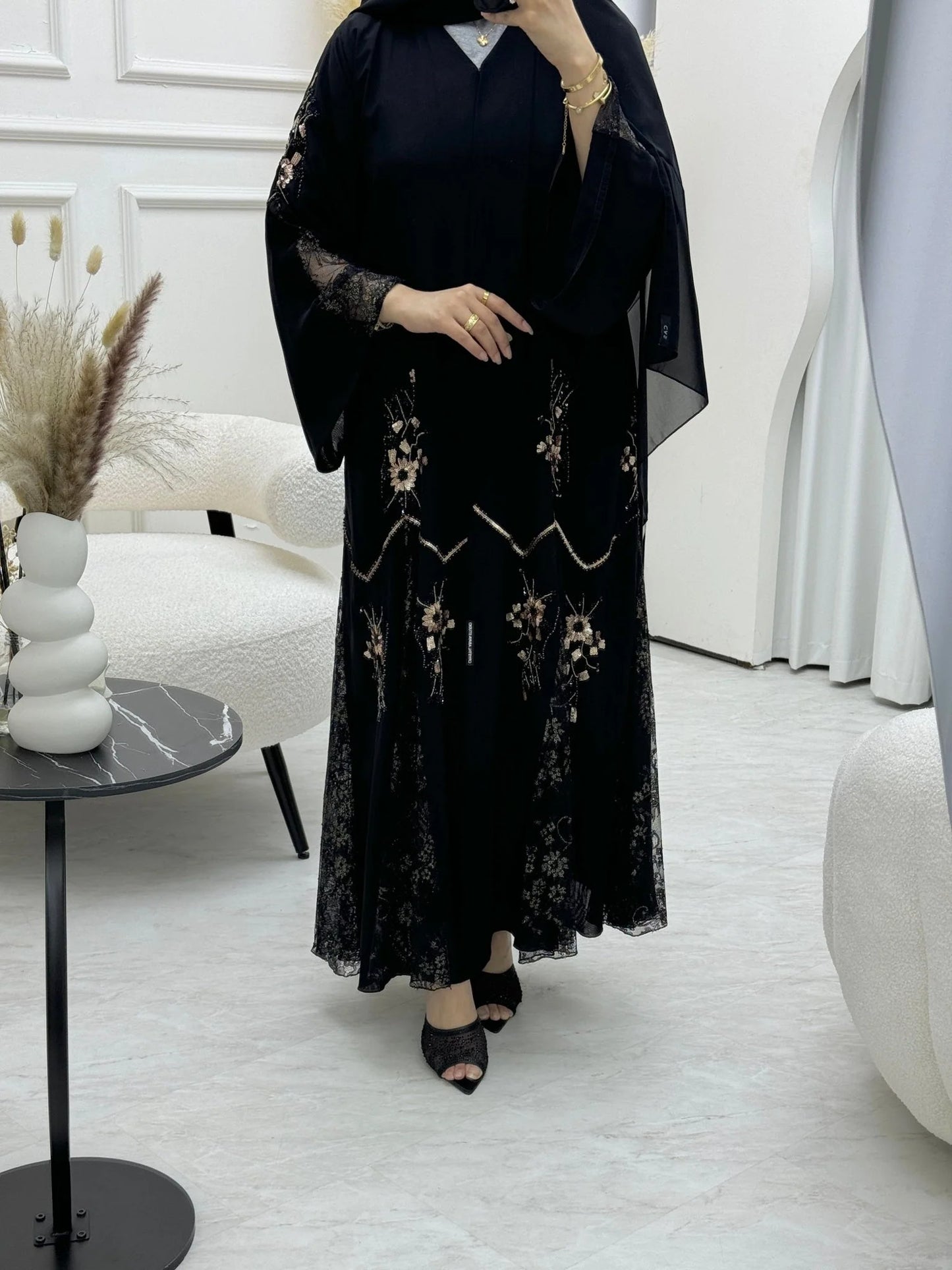 Discover the Elegance of Black Beaded Ramadan Abayas – Custom Fit Available! Double Chiffon with Stone Work