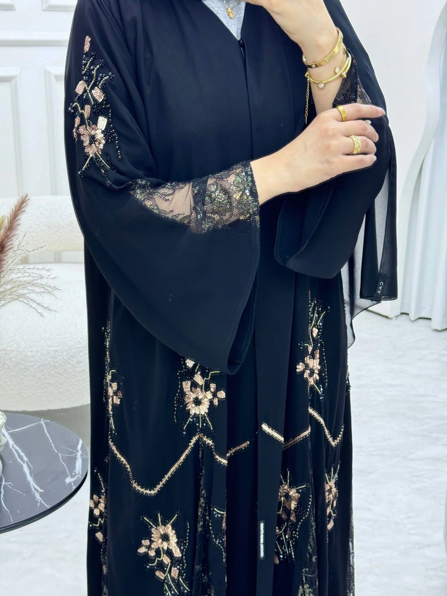 Discover the Elegance of Black Beaded Ramadan Abayas – Custom Fit Available! Double Chiffon with Stone Work